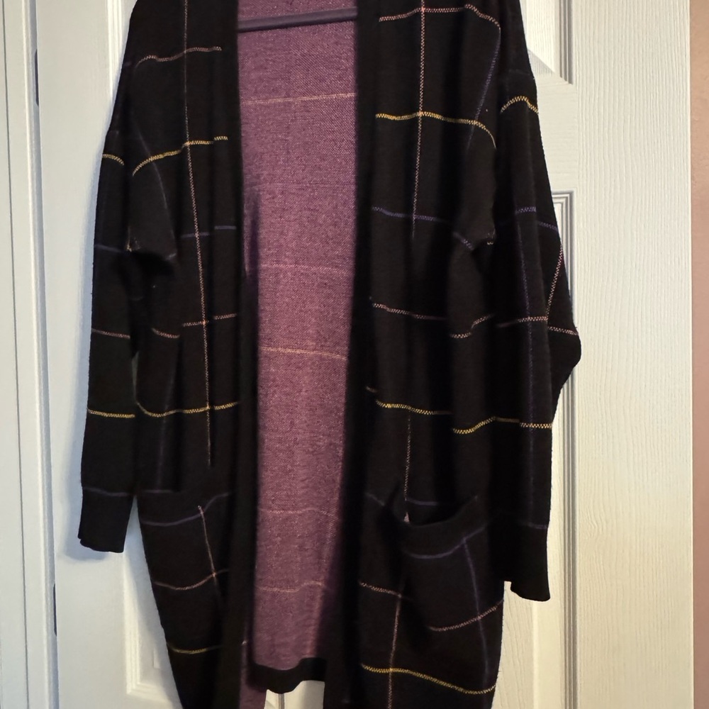 New York & Company Black and Purple Plaid Cardigan